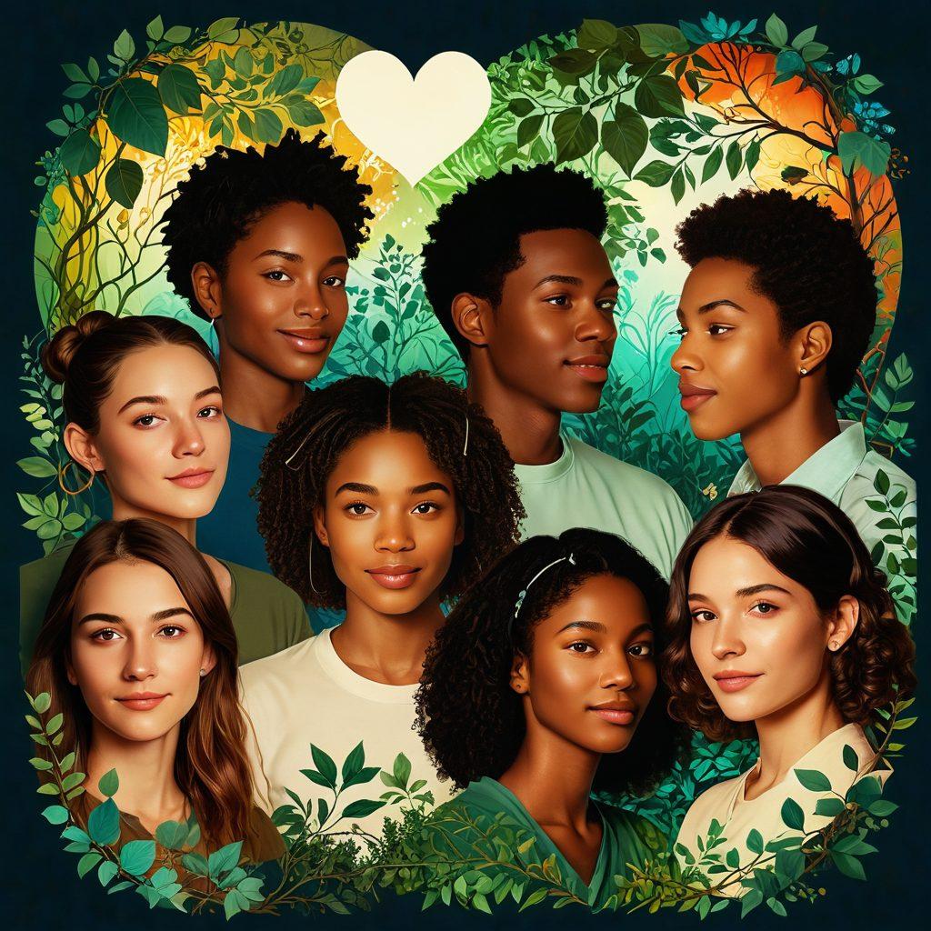 A warm, inviting digital collage showcasing diverse people interacting through screens, with heart symbols connecting them. Illustrate strong emotional expressions and glowing light effects to signify deep connections. Include elements of technology and nature intertwining, symbolizing balance in virtual relationships. super-realistic. vibrant colors. soft glow effect.
