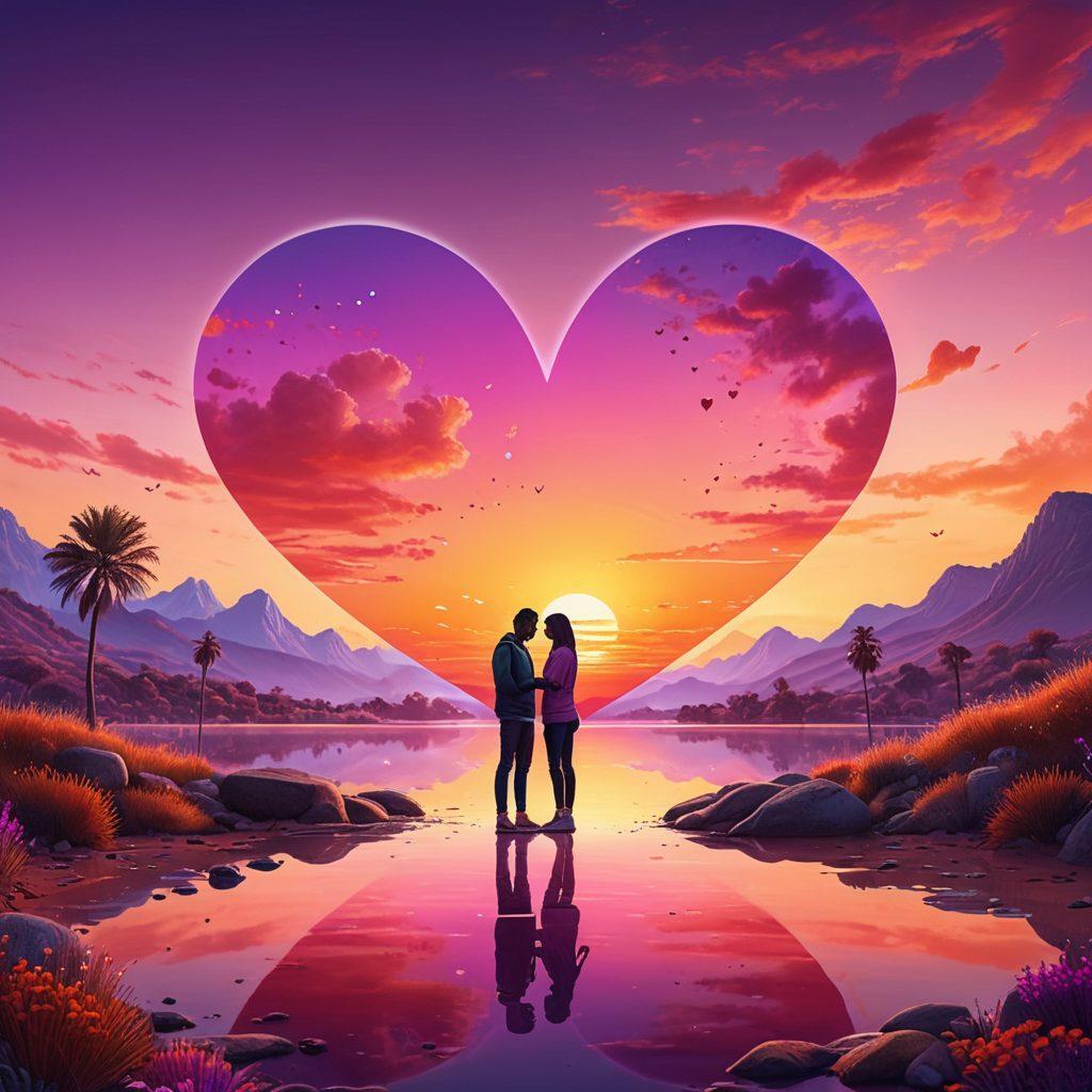 A serene digital landscape depicting two diverse individuals, one holding a smartphone and the other a laptop, bridging a gap with glowing, vibrant hearts connecting them. Elements of social media icons floating around symbolizing friendship and love. A backdrop of a sunset gradient sky to evoke warmth and connection. super-realistic. vibrant colors. 3D.