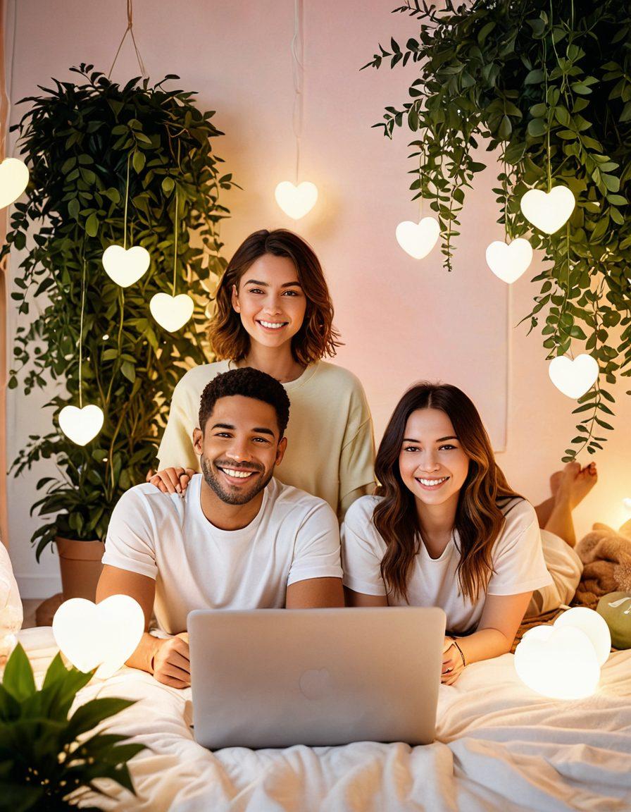 A warm, inviting scene of two people engaging in a video call, surrounded by digital hearts and affectionate emojis floating in the air. Their expressions convey joy and connection as they explore an online romantic relationship. The background features a cozy, softly lit room with plants and personal items, symbolizing intimacy in the digital age. A blend of pastel colors to evoke warmth and tenderness. super-realistic. vibrant colors.